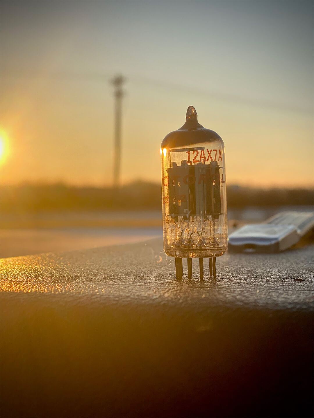 A vintage tube on top of an amp set against a sunset scene